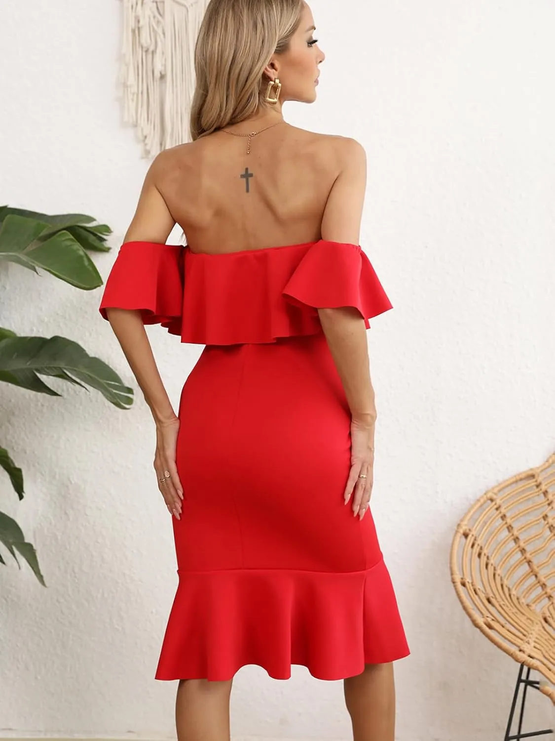 Off The Shoulder Maternity Dress Summer, Elegant Baby Shower Dress Bodycon Mermaid Midi with Ruffle Short Sleeves for Women