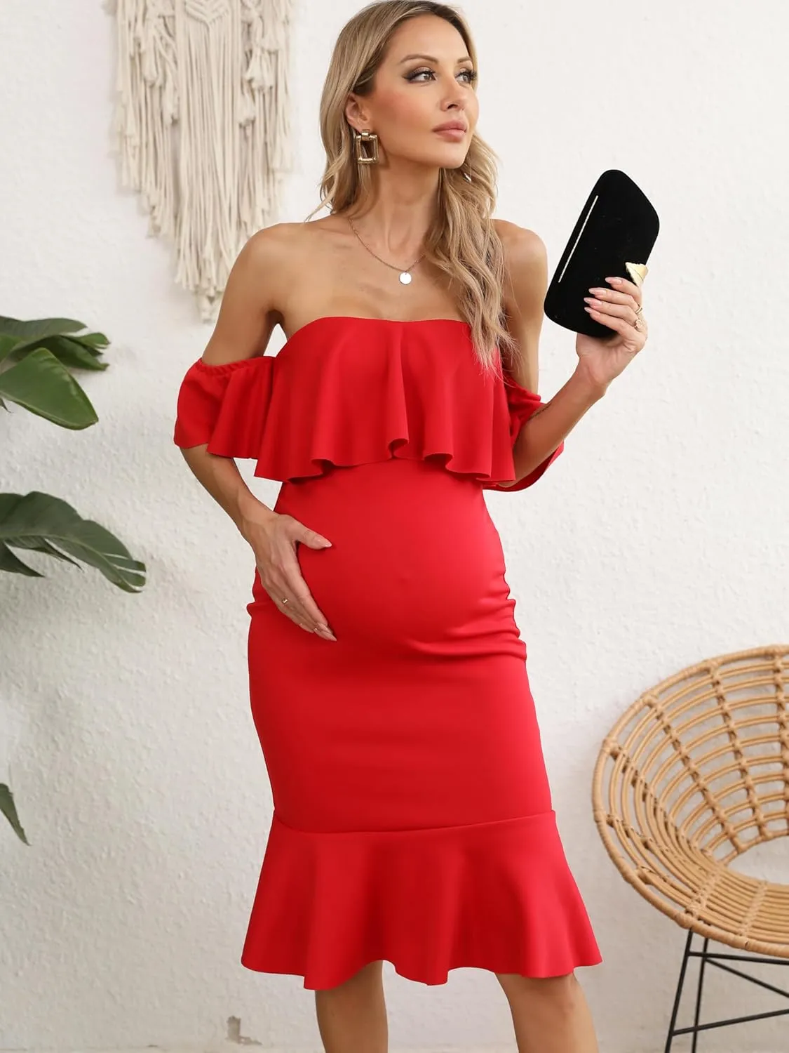 Off The Shoulder Maternity Dress Summer, Elegant Baby Shower Dress Bodycon Mermaid Midi with Ruffle Short Sleeves for Women