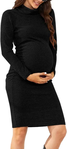 PARNIXS Women's Fashion Long Sleeve Knit Maternity Dress Ruched Pregnancy Clothes
