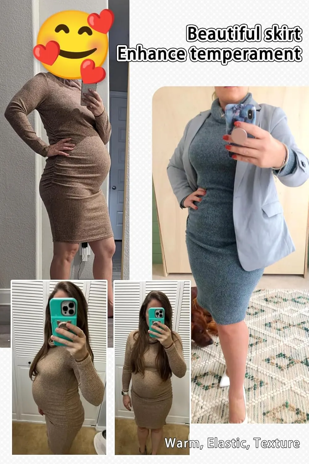 PARNIXS Women's Fashion Long Sleeve Knit Maternity Dress Ruched Pregnancy Clothes
