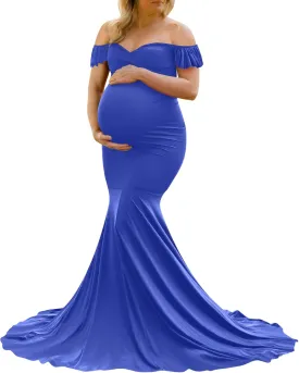 Saslax Off Shoulder Ruffle Sleeves Elegant Fitted Maxi Maternity Dress for Photoshoot Baby Shower