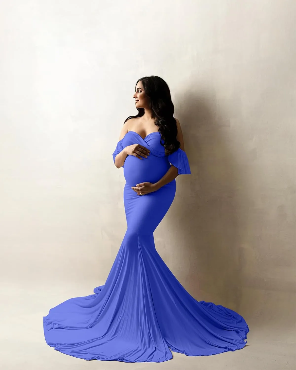 Saslax Off Shoulder Ruffle Sleeves Elegant Fitted Maxi Maternity Dress for Photoshoot Baby Shower