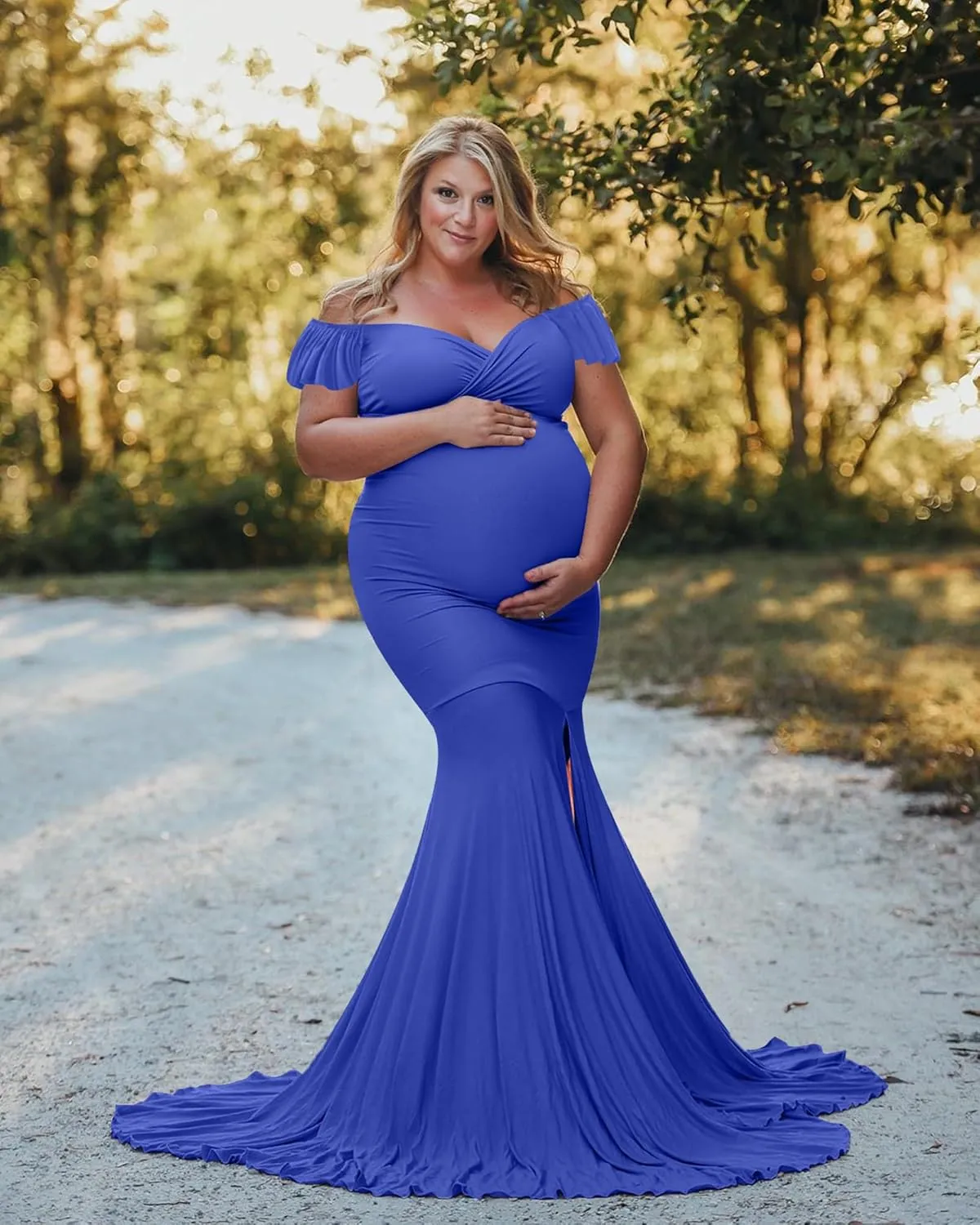 Saslax Off Shoulder Ruffle Sleeves Elegant Fitted Maxi Maternity Dress for Photoshoot Baby Shower