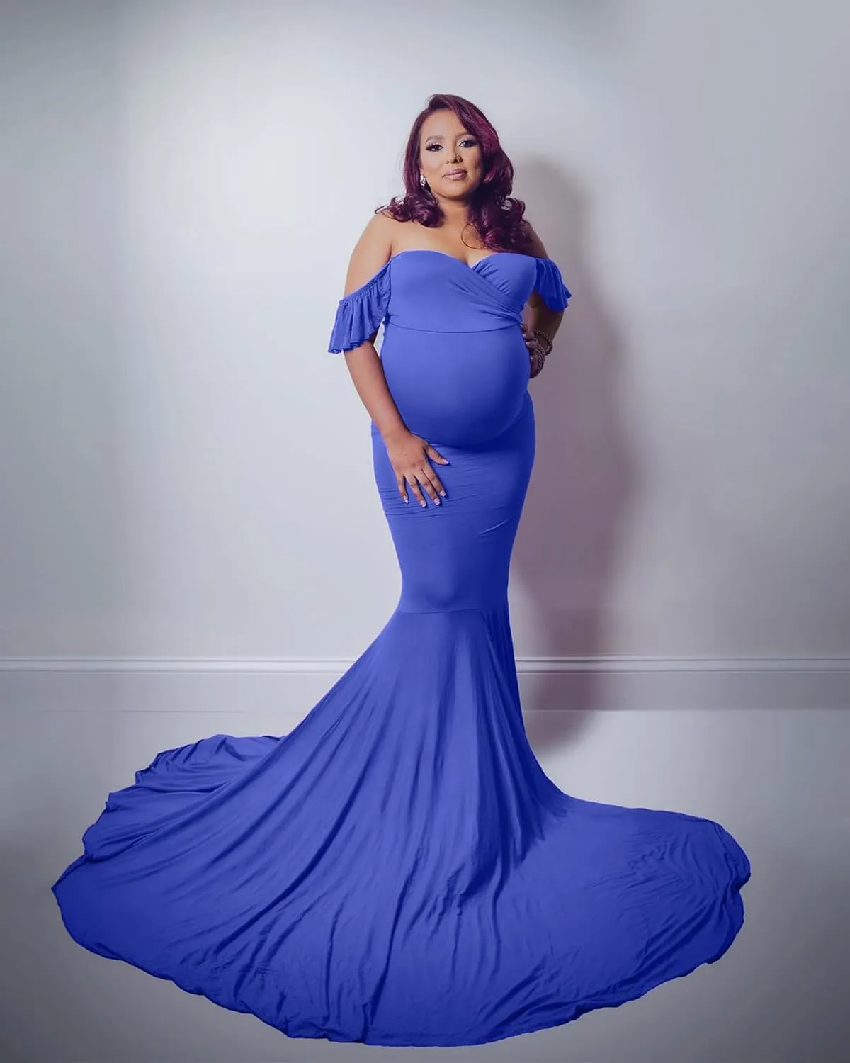 Saslax Off Shoulder Ruffle Sleeves Elegant Fitted Maxi Maternity Dress for Photoshoot Baby Shower