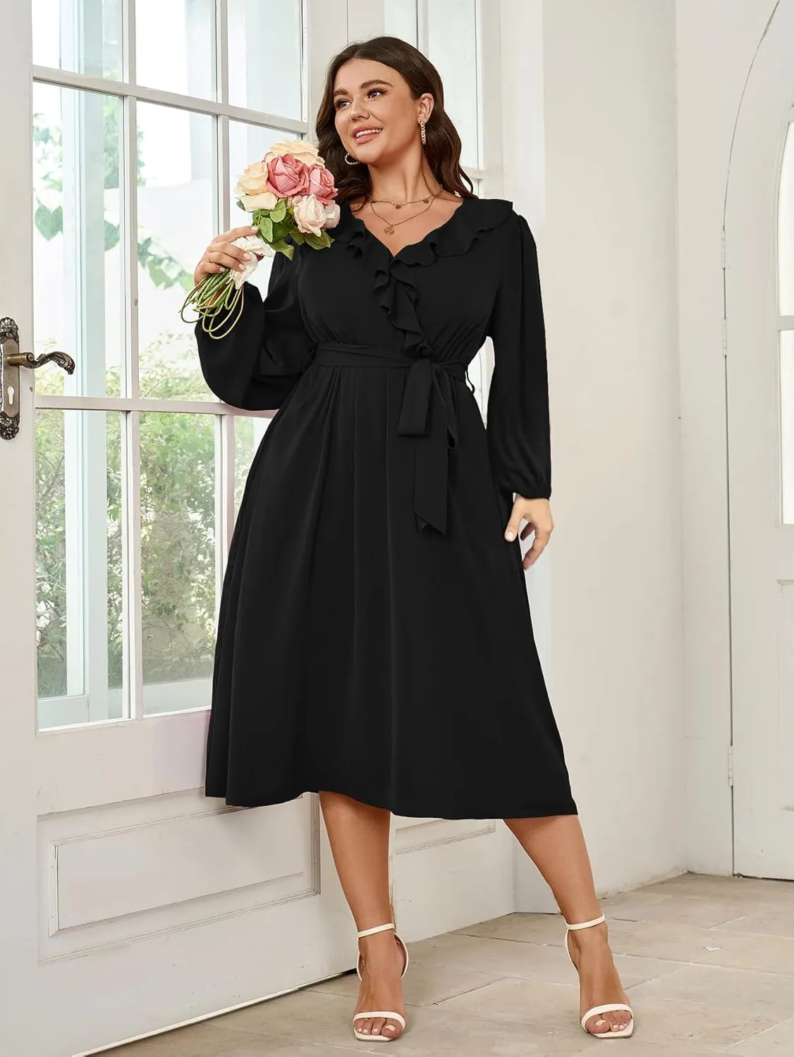SCOMCHIC Plus Size Wedding Guest Wrap V Neck Dress Long Sleeve Cocktail Party Ruffle Belted A-Line Flowy Midi Dresses