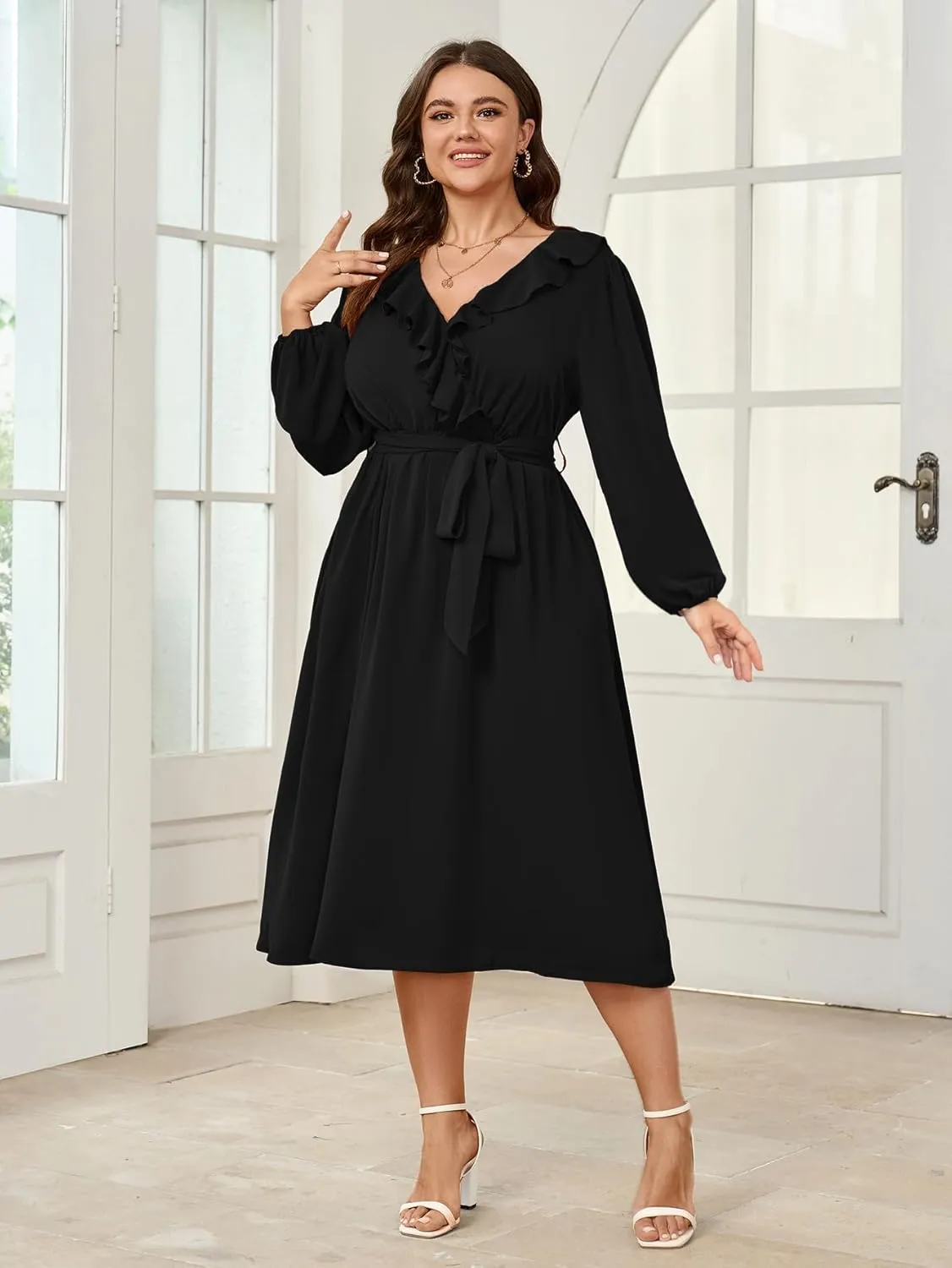 SCOMCHIC Plus Size Wedding Guest Wrap V Neck Dress Long Sleeve Cocktail Party Ruffle Belted A-Line Flowy Midi Dresses
