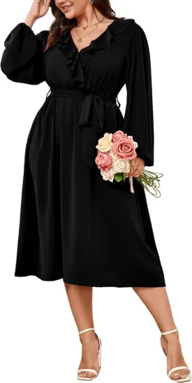 SCOMCHIC Plus Size Wedding Guest Wrap V Neck Dress Long Sleeve Cocktail Party Ruffle Belted A-Line Flowy Midi Dresses