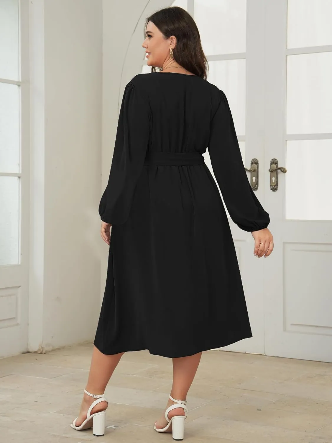 SCOMCHIC Plus Size Wedding Guest Wrap V Neck Dress Long Sleeve Cocktail Party Ruffle Belted A-Line Flowy Midi Dresses