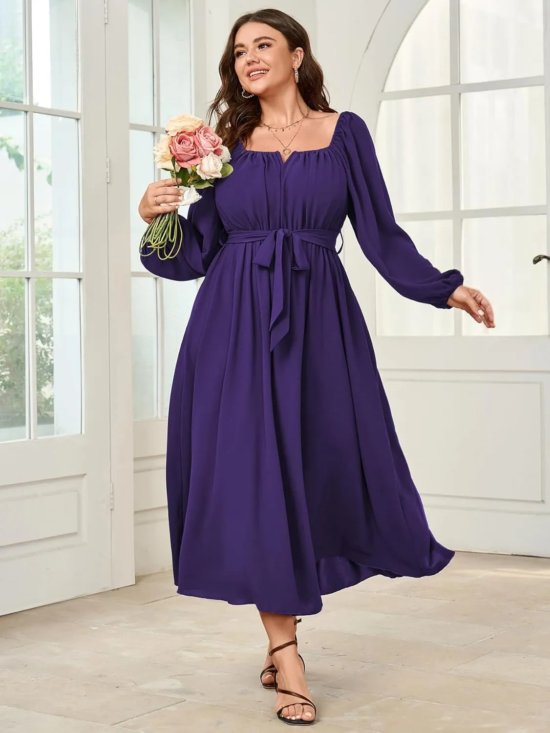 SCOMCHIC Women Plus Size Maxi Dress Long Sleeve Square Neck Wedding Guest Cocktail Belted Elegant Flowy A Line Long Dresses