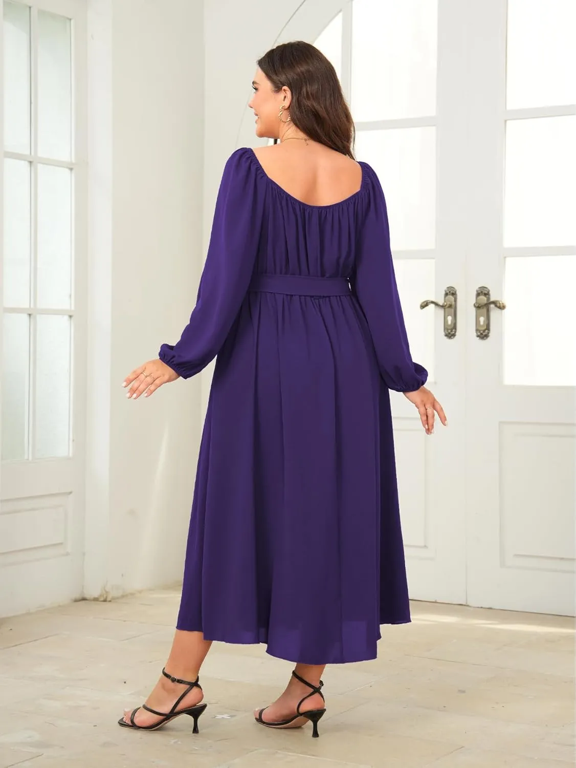 SCOMCHIC Women Plus Size Maxi Dress Long Sleeve Square Neck Wedding Guest Cocktail Belted Elegant Flowy A Line Long Dresses