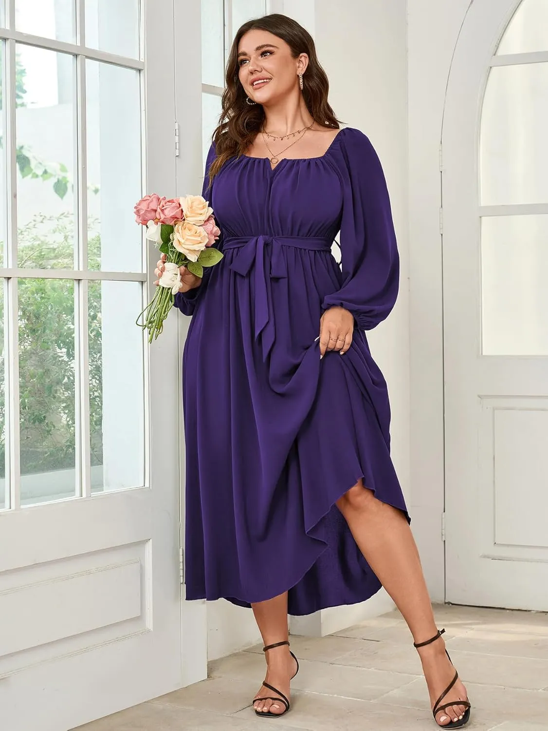 SCOMCHIC Women Plus Size Maxi Dress Long Sleeve Square Neck Wedding Guest Cocktail Belted Elegant Flowy A Line Long Dresses