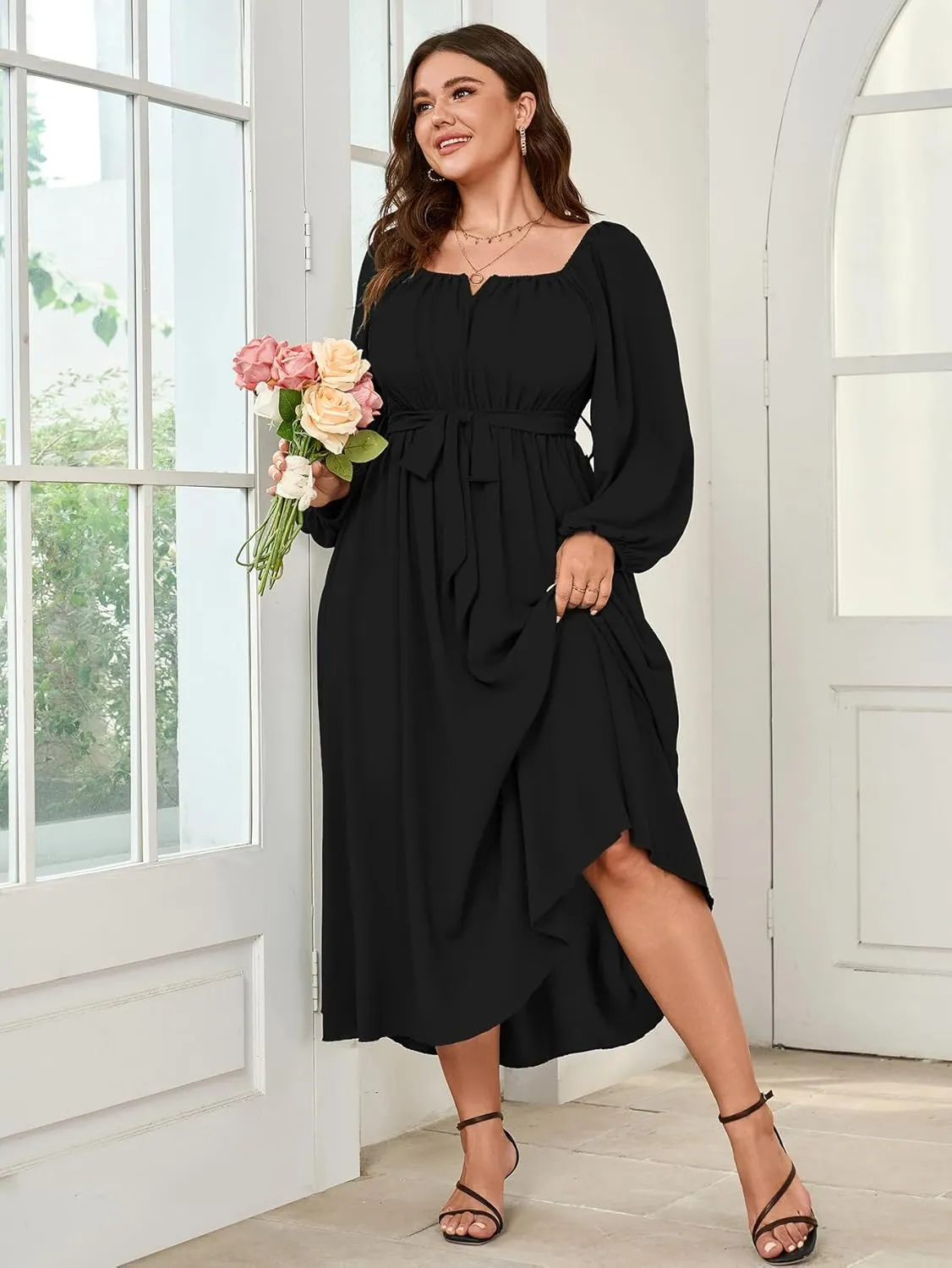 SCOMCHIC Women Plus Size Maxi Dress Long Sleeve Square Neck Wedding Guest Cocktail Belted Elegant Flowy A Line Long Dresses