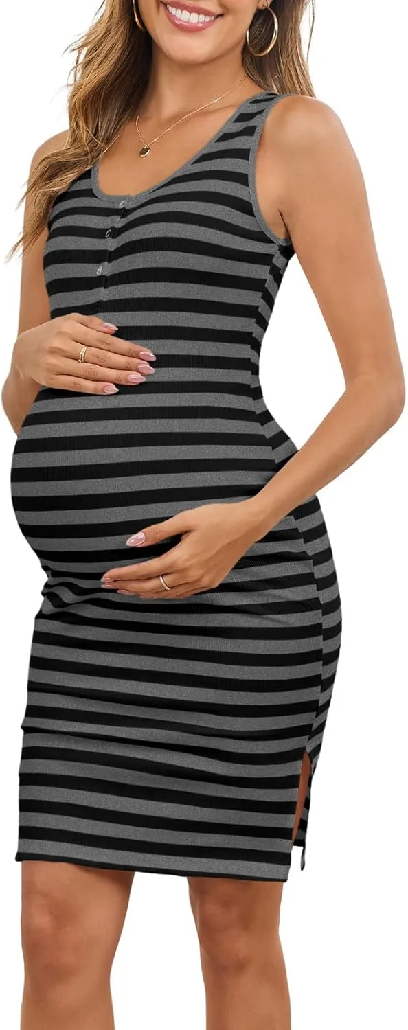 Sleeveless Maternity Nursing Dress Button Knit Split Bodycon Breastfeeding Baby Shower Dresses