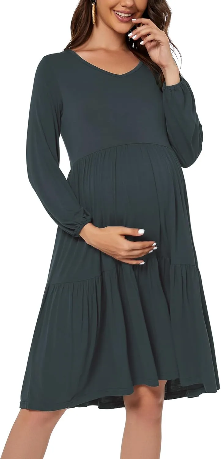 Smallshow Women's Maternity Dress Ruffle Long Sleeve Pregnancy Clothes