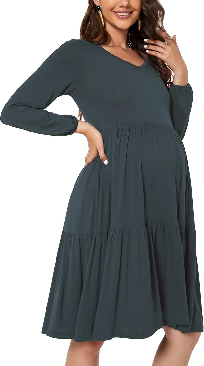 Smallshow Women's Maternity Dress Ruffle Long Sleeve Pregnancy Clothes