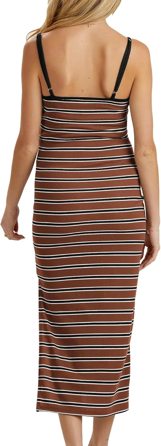 Split Maternity Dress Knit Sleeveless Bodycon Midi Dress for Baby Shower/Photoshoot