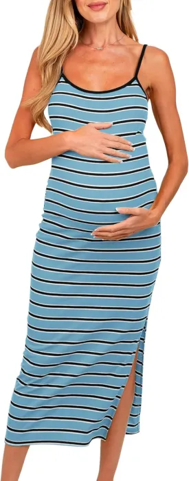 Split Maternity Dress Knit Sleeveless Bodycon Midi Dress for Baby Shower/Photoshoot