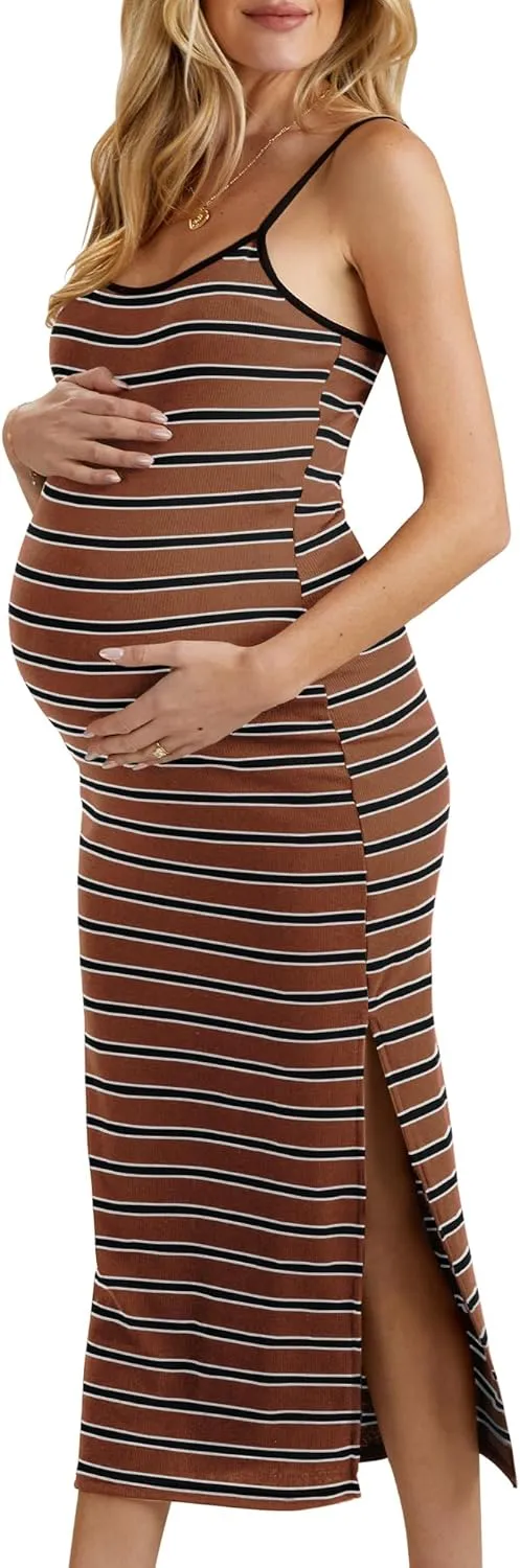 Split Maternity Dress Knit Sleeveless Bodycon Midi Dress for Baby Shower/Photoshoot