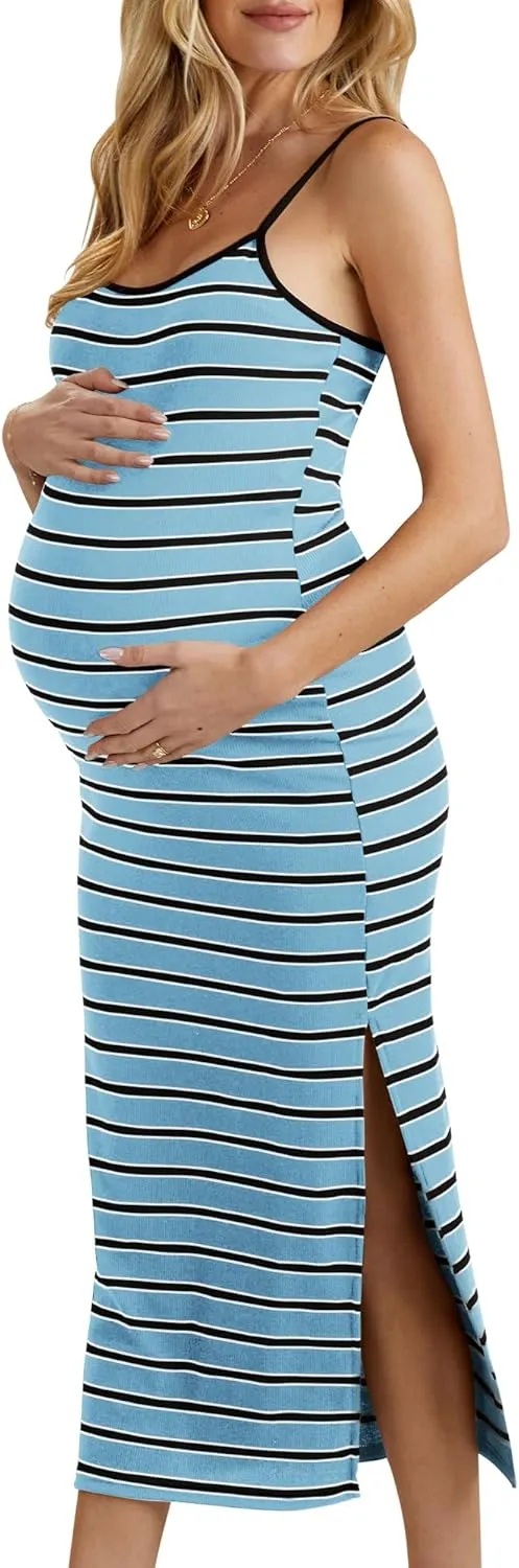 Split Maternity Dress Knit Sleeveless Bodycon Midi Dress for Baby Shower/Photoshoot