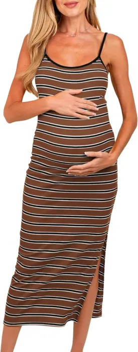 Split Maternity Dress Knit Sleeveless Bodycon Midi Dress for Baby Shower/Photoshoot