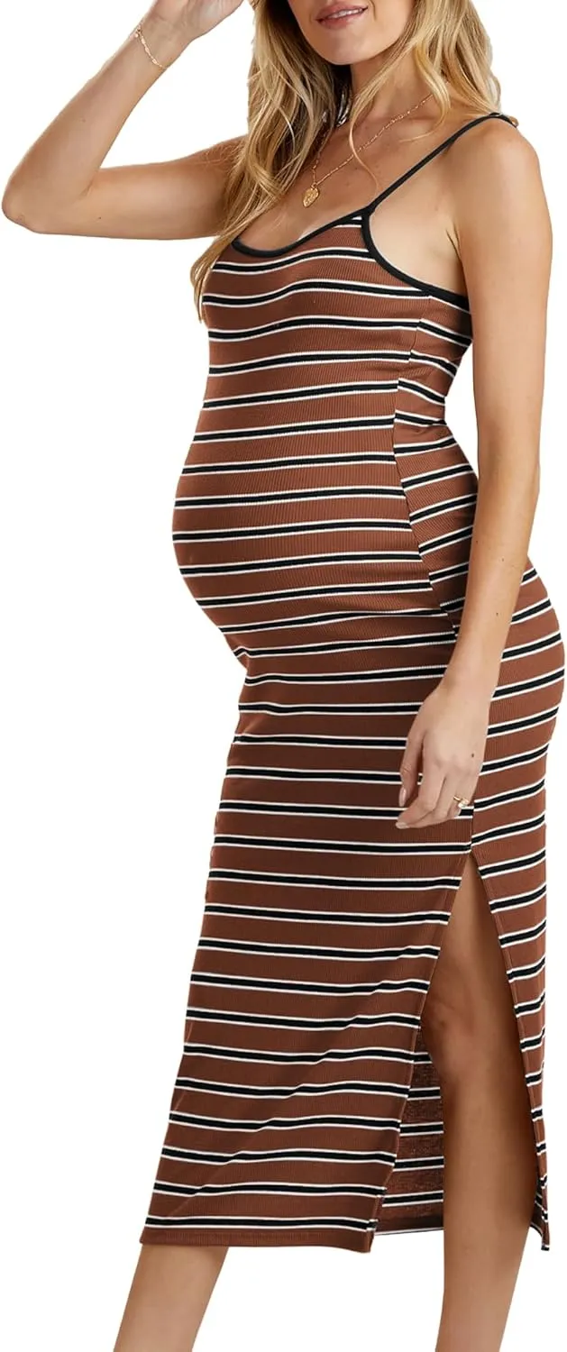 Split Maternity Dress Knit Sleeveless Bodycon Midi Dress for Baby Shower/Photoshoot