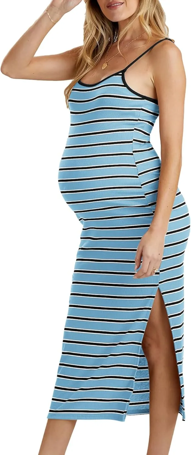 Split Maternity Dress Knit Sleeveless Bodycon Midi Dress for Baby Shower/Photoshoot