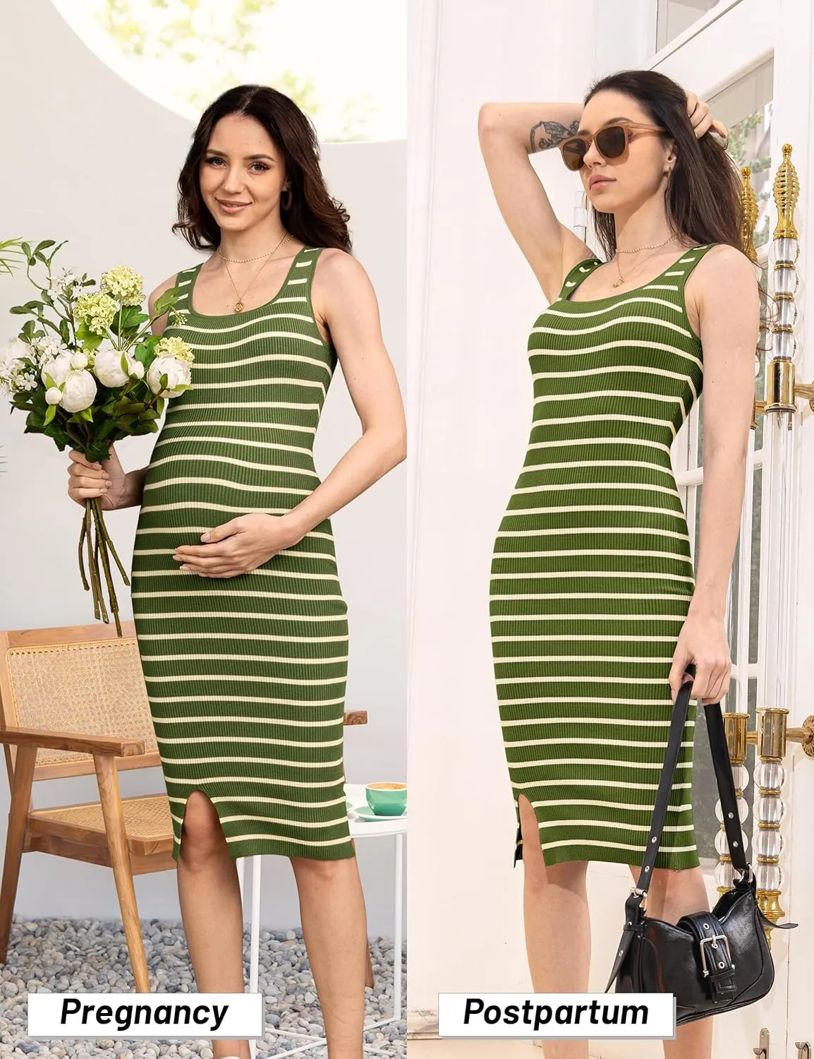 SUNNYBUY Women's Striped Maternity Dress Summer Tank Bodycon Dresses Knit Slit Pregnancy Clothes