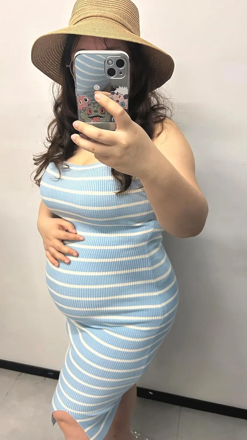 SUNNYBUY Women's Striped Maternity Dress Summer Tank Bodycon Dresses Knit Slit Pregnancy Clothes