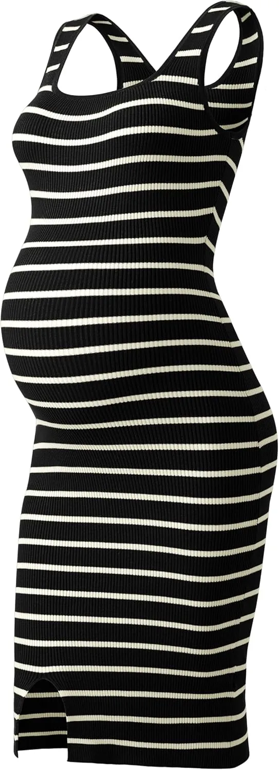 SUNNYBUY Women's Striped Maternity Dress Summer Tank Bodycon Dresses Knit Slit Pregnancy Clothes