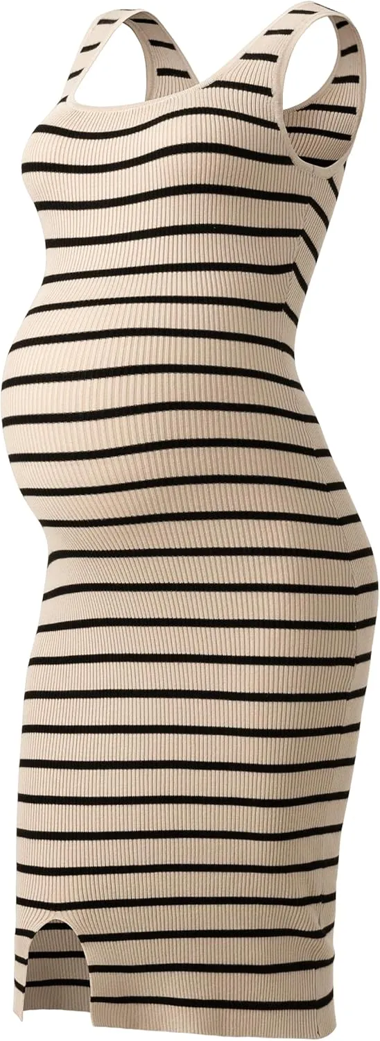 SUNNYBUY Women's Striped Maternity Dress Summer Tank Bodycon Dresses Knit Slit Pregnancy Clothes