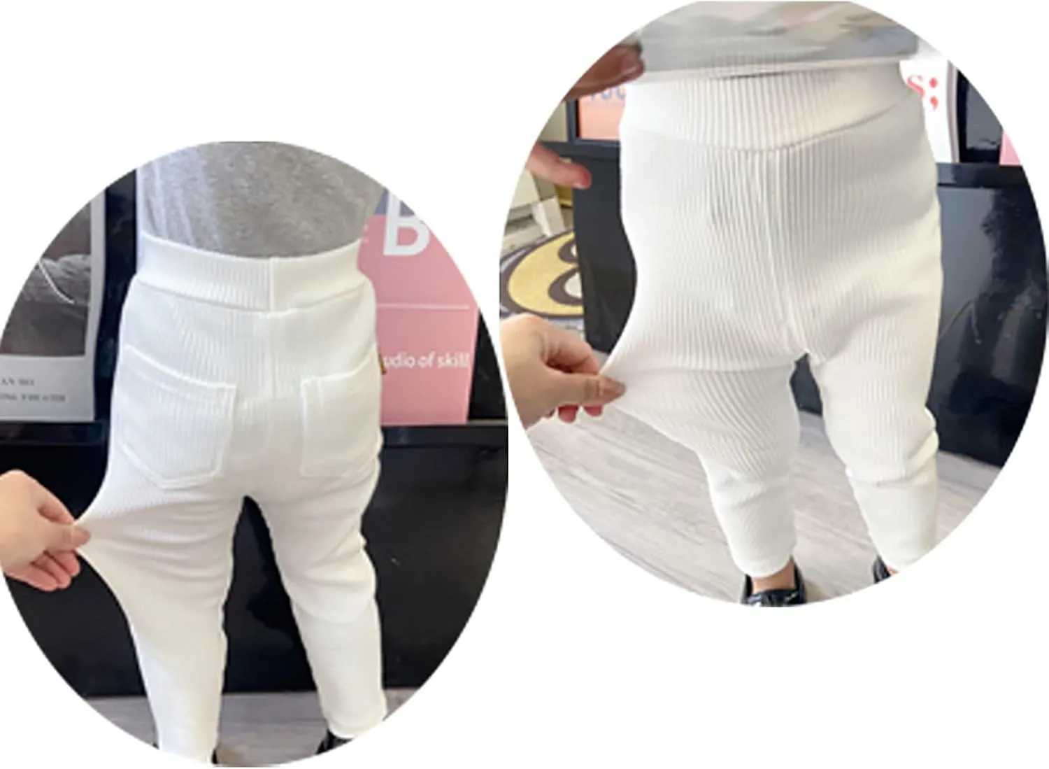 Toddler Baby Girls Ribbed Leggings Kids Elastic Waist Yoga Pants Footless Solid Color Stretchy Pant with Pockets Bottoms