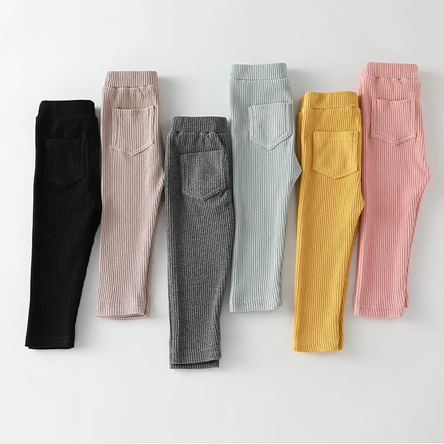 Toddler Baby Girls Ribbed Leggings Kids Elastic Waist Yoga Pants Footless Solid Color Stretchy Pant with Pockets Bottoms