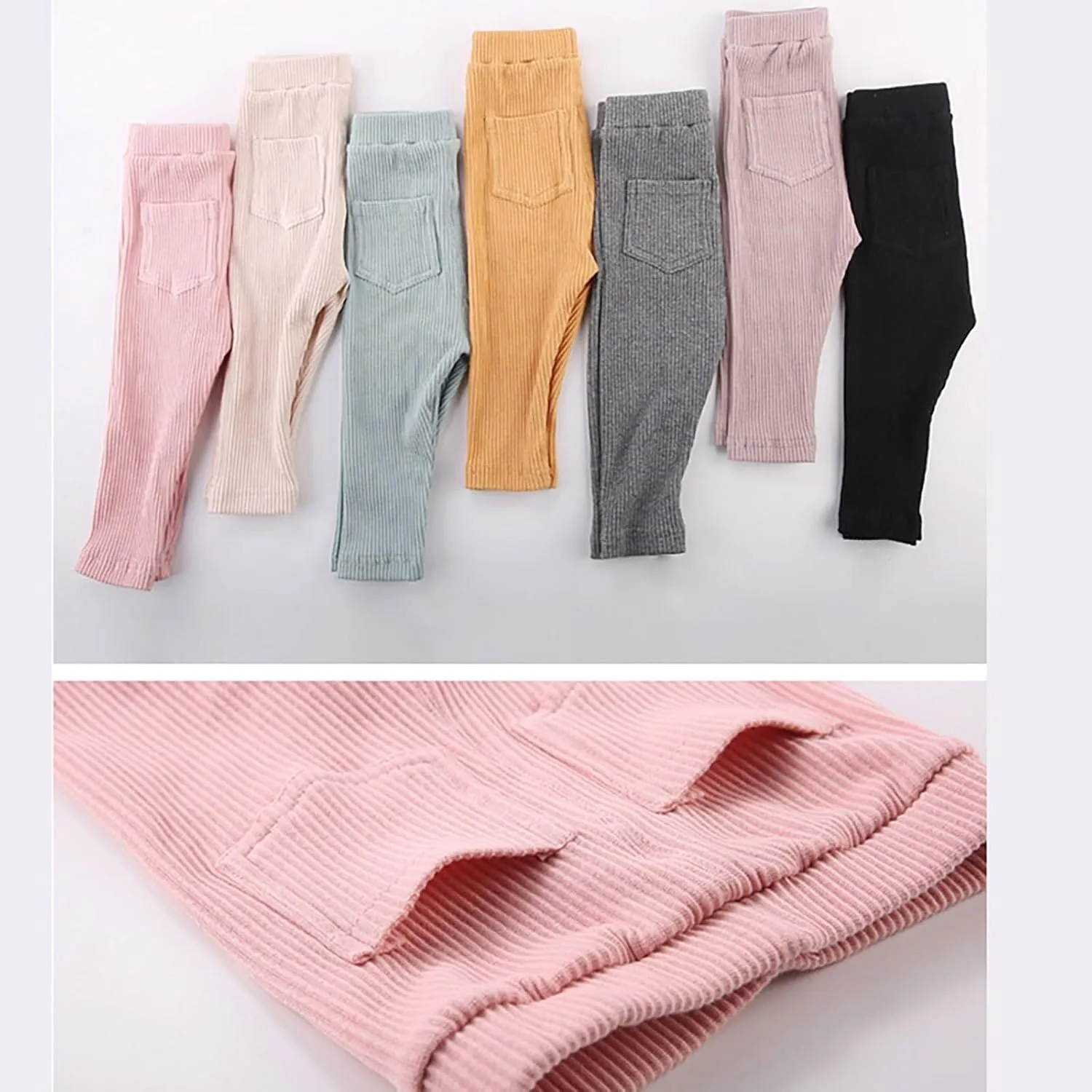 Toddler Baby Girls Ribbed Leggings Kids Elastic Waist Yoga Pants Footless Solid Color Stretchy Pant with Pockets Bottoms