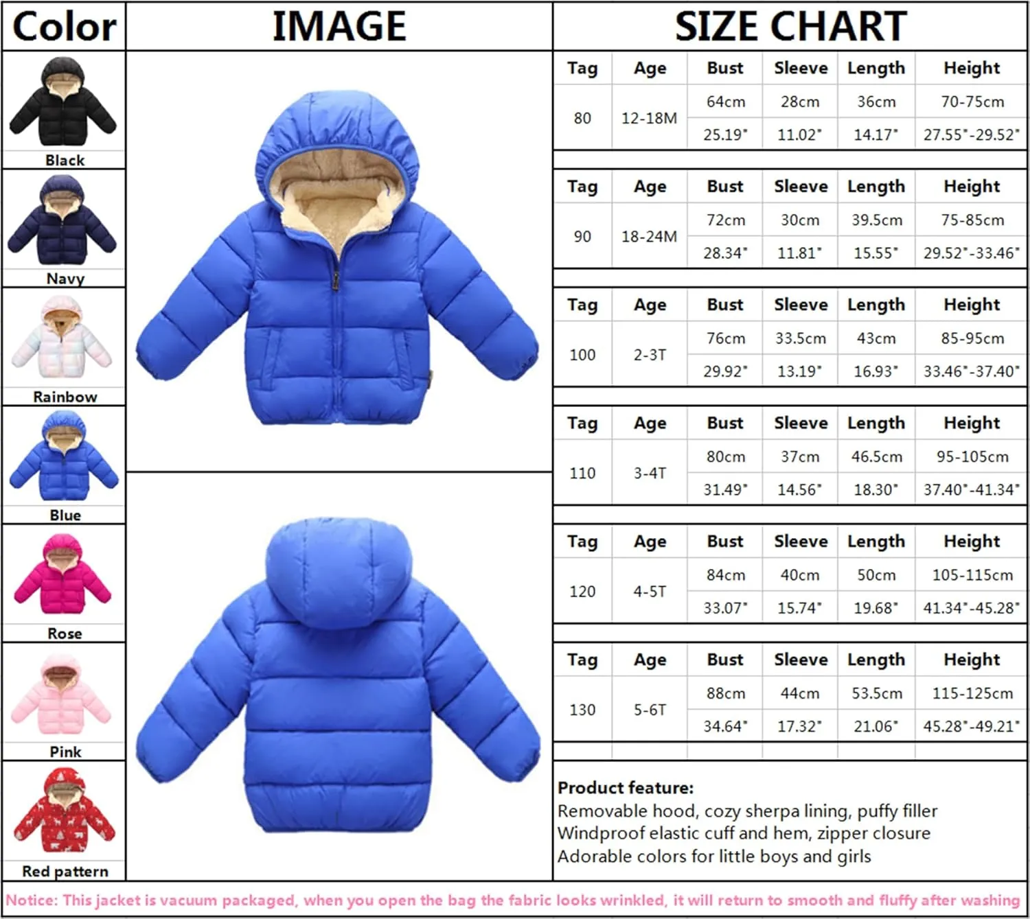 Toddler Baby Hooded Down Jacket Boys Girls Kids Thicken Warm Winter Coat Outerwear 1-7t