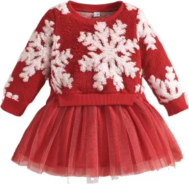 Toddler Kids Baby Girl Christmas Dress Long Sleeve Fuzzy Snowflake Sweater Patchwork Pleated Tulle Dress Winter Clothes