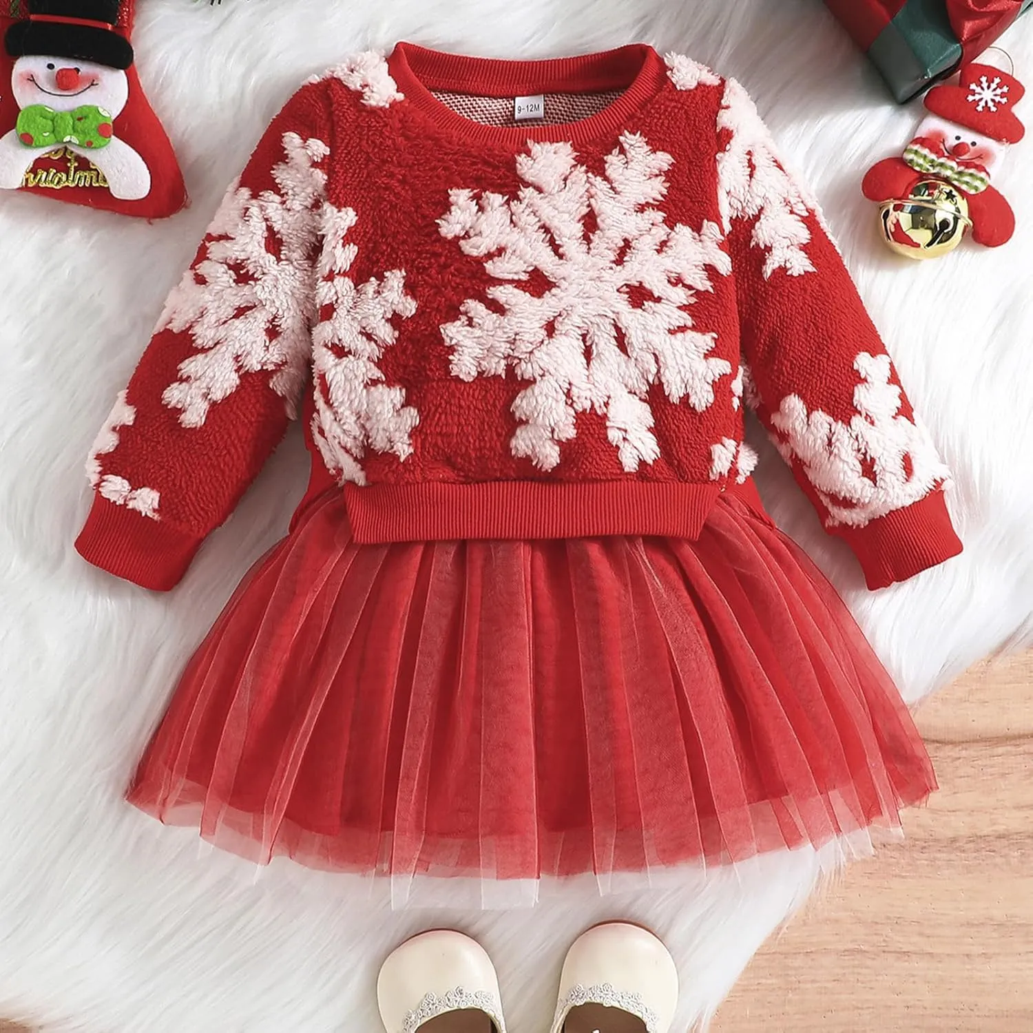 Toddler Kids Baby Girl Christmas Dress Long Sleeve Fuzzy Snowflake Sweater Patchwork Pleated Tulle Dress Winter Clothes