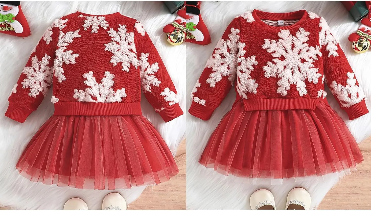 Toddler Kids Baby Girl Christmas Dress Long Sleeve Fuzzy Snowflake Sweater Patchwork Pleated Tulle Dress Winter Clothes