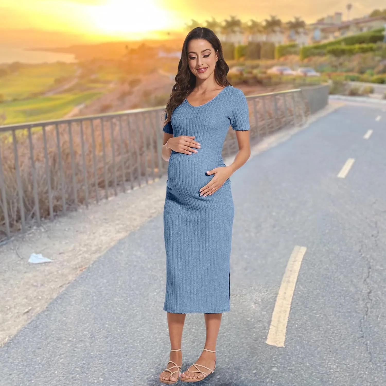 V Neck Side Ruch Knit Ribbed Maternity Bodycon DressMaternity Dress for Baby Shower