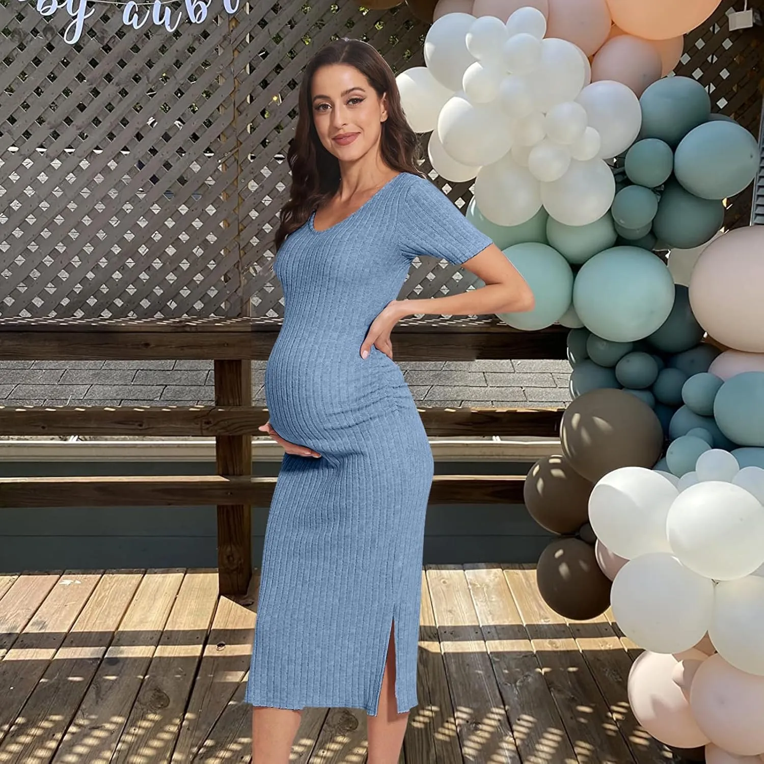 V Neck Side Ruch Knit Ribbed Maternity Bodycon DressMaternity Dress for Baby Shower