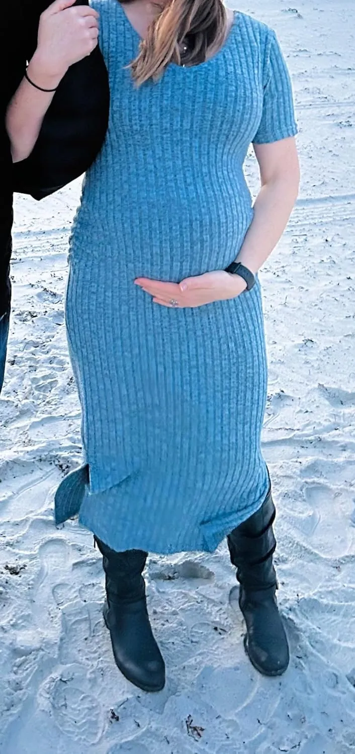 V Neck Side Ruch Knit Ribbed Maternity Bodycon DressMaternity Dress for Baby Shower