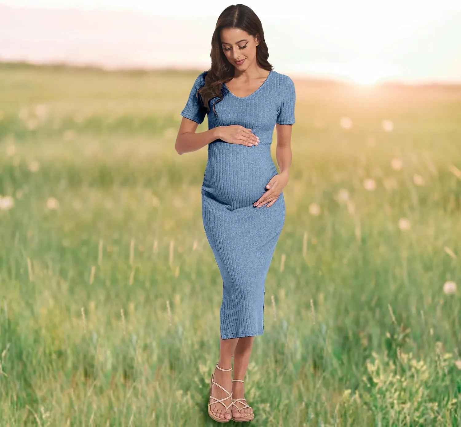 V Neck Side Ruch Knit Ribbed Maternity Bodycon DressMaternity Dress for Baby Shower