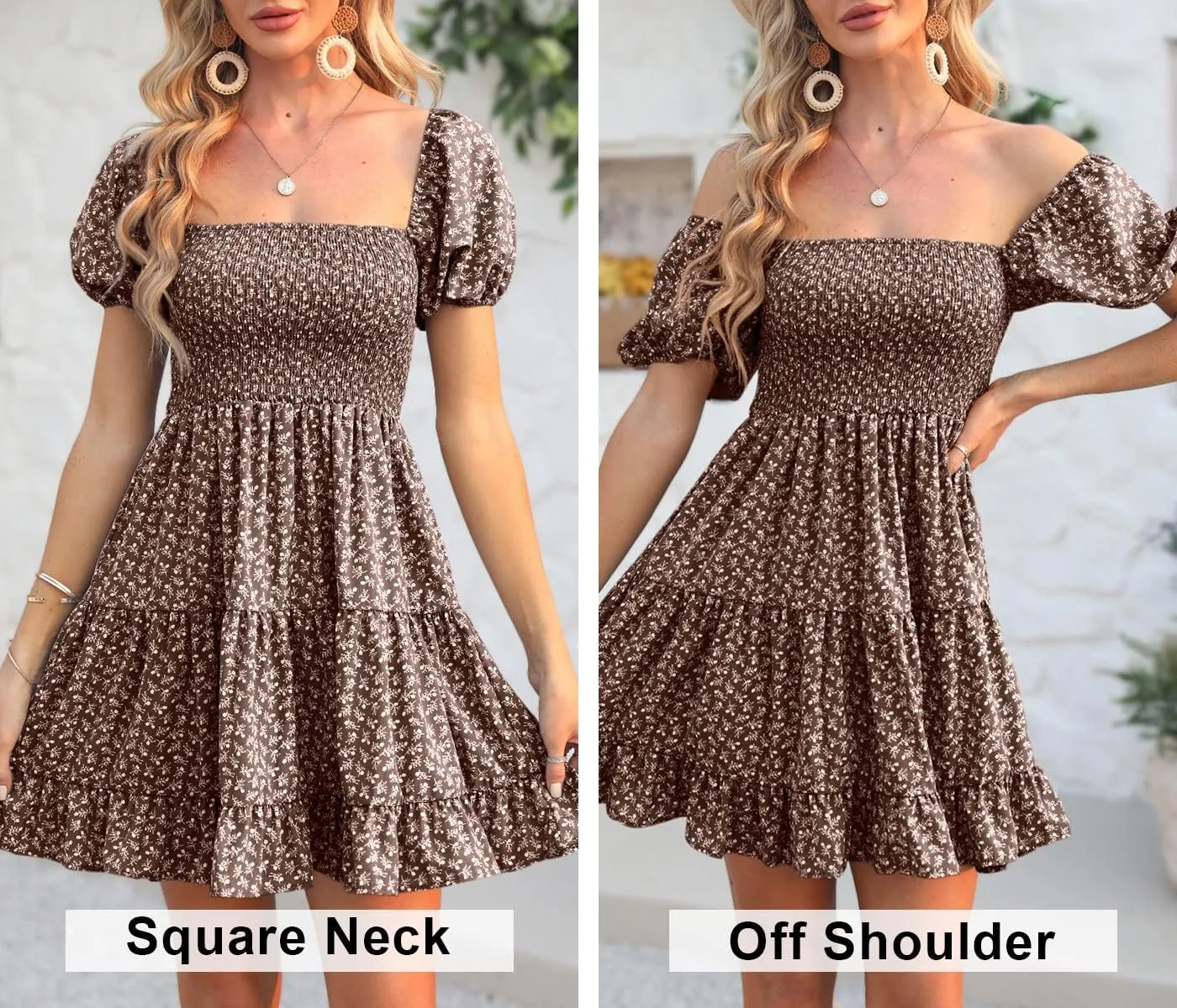 Veatzaer Women's Puff Sleeve Square Neck Smocked Babydoll Dress Boho Floral Print Off Shoulder Ruffle Mini Short Dress