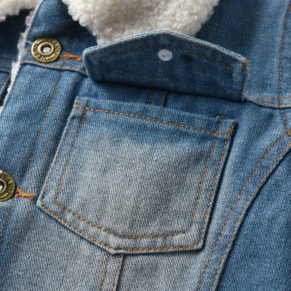 Winter Infant Baby Boys Girls Denim Thick Outerwear Jackets Cute Fleece Lined Warm Coats Clothes