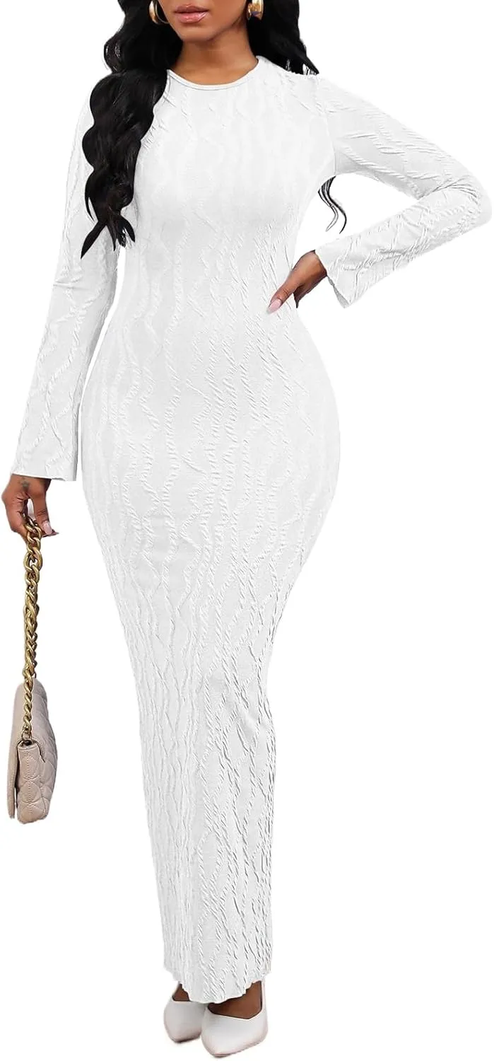 Women's Casual Dress Crew Neck Elegant Fall Winter Long Sleeve Midi Bodycon Pencil Cocktail Wedding Dresses 094
