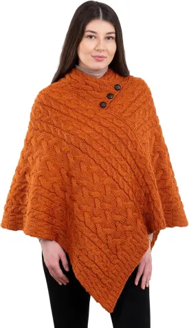 Women's Irish Aran Poncho - 100% Virgin Wool Cable Knit Wrap with Buttons, Warm Cape Shawl