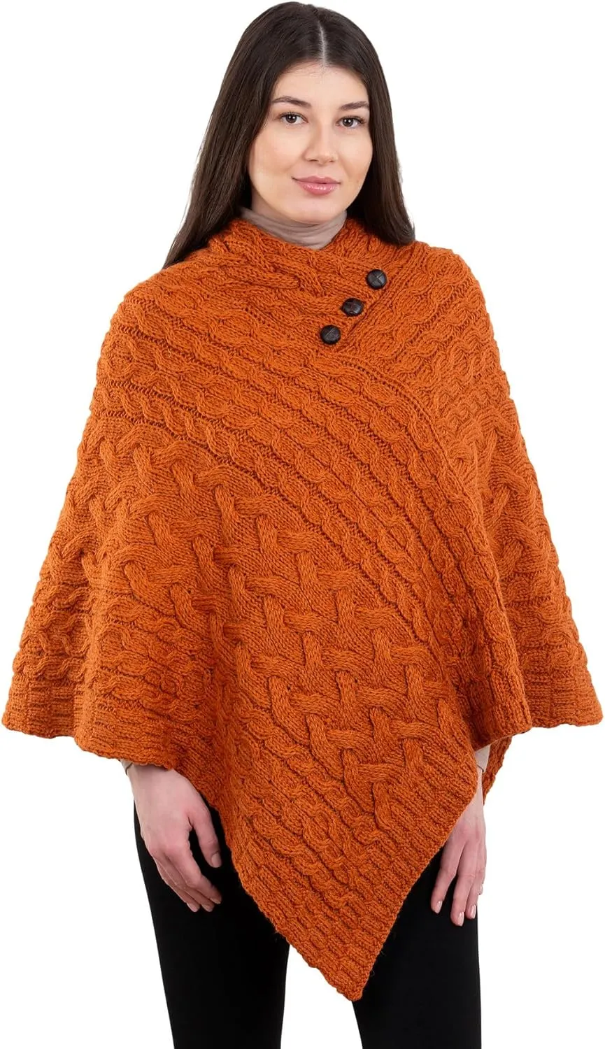 Women's Irish Aran Poncho - 100% Virgin Wool Cable Knit Wrap with Buttons, Warm Cape Shawl