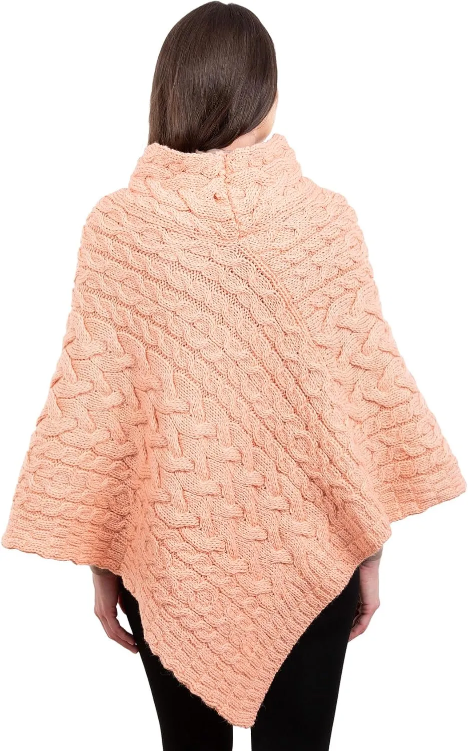 Women's Irish Aran Poncho - 100% Virgin Wool Cable Knit Wrap with Buttons, Warm Cape Shawl