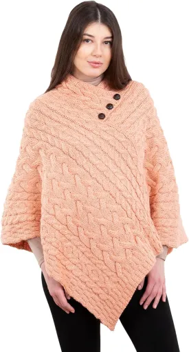Women's Irish Aran Poncho - 100% Virgin Wool Cable Knit Wrap with Buttons, Warm Cape Shawl