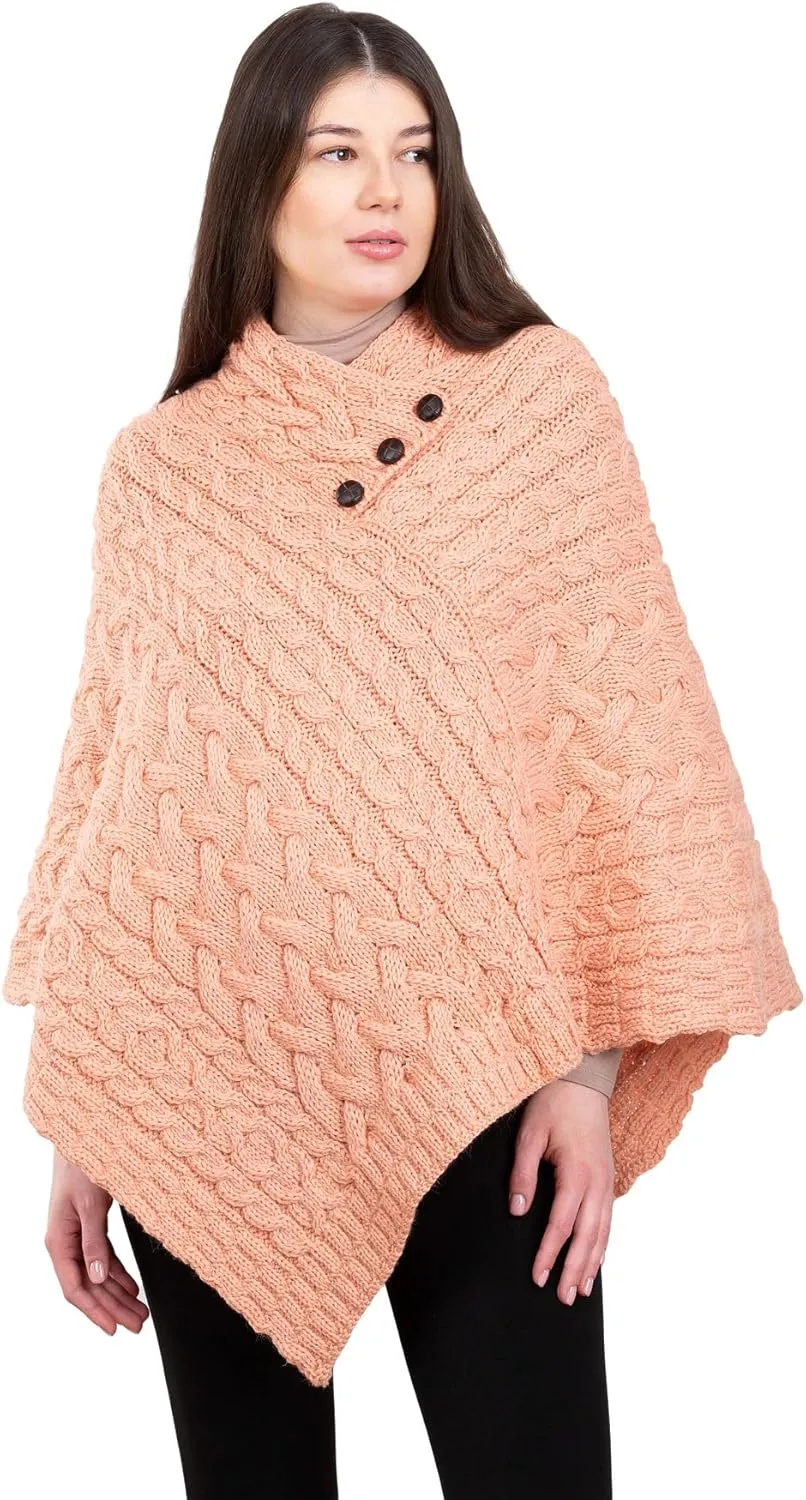 Women's Irish Aran Poncho - 100% Virgin Wool Cable Knit Wrap with Buttons, Warm Cape Shawl