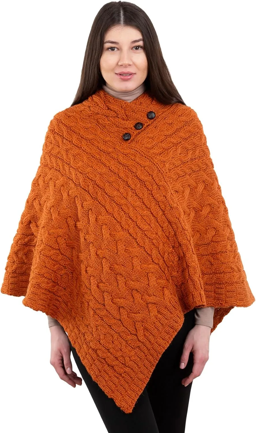 Women's Irish Aran Poncho - 100% Virgin Wool Cable Knit Wrap with Buttons, Warm Cape Shawl